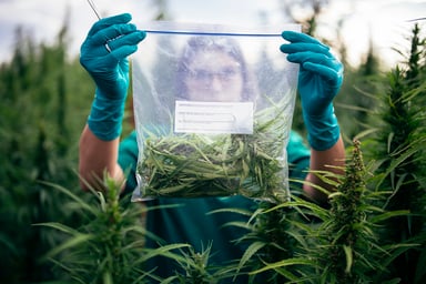 A person looking at a cannabis plant outdoors.