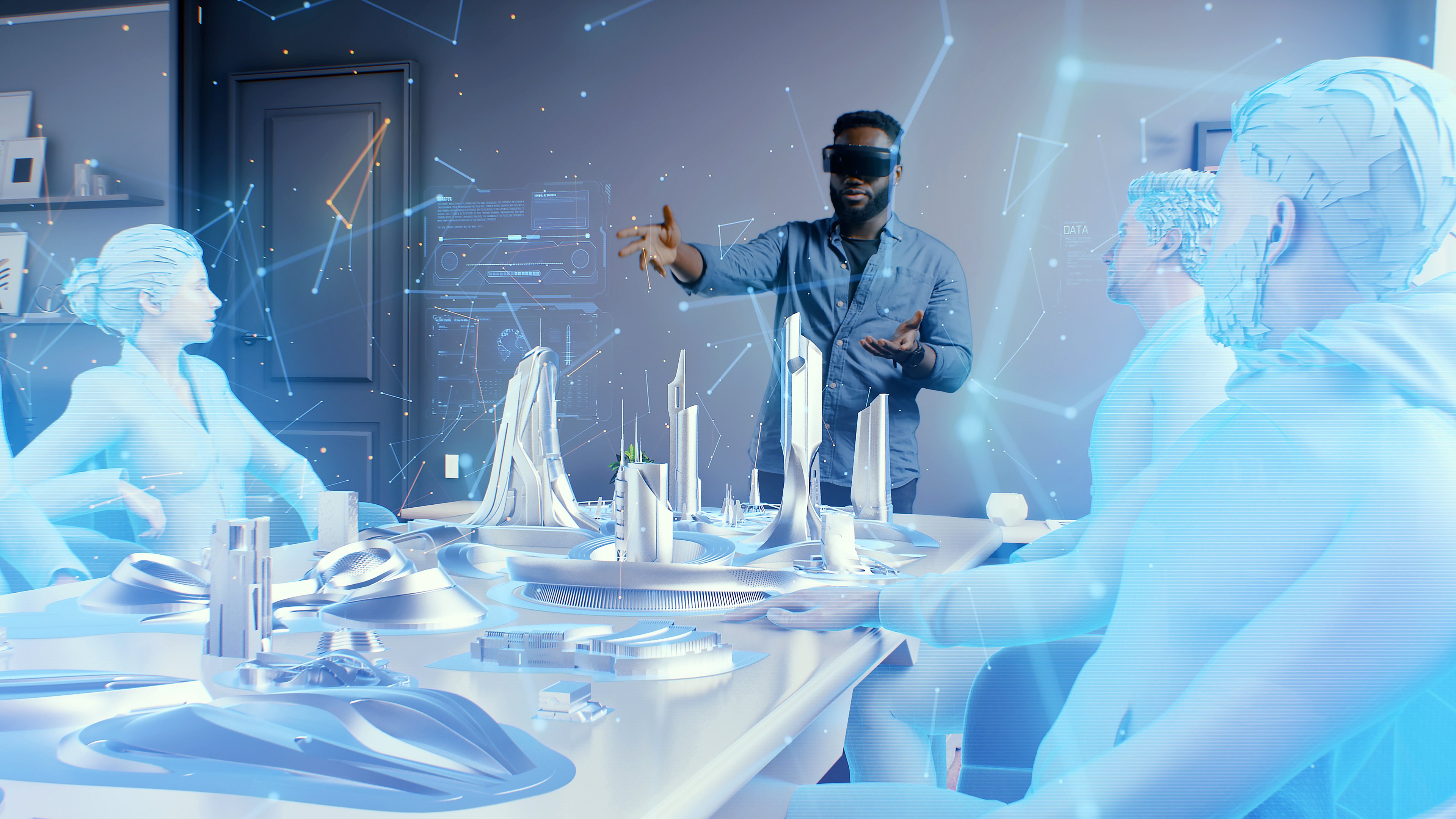 Person with VR headset around a table with other virtual avatars. 