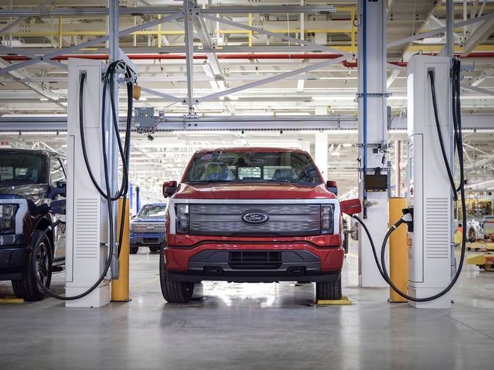 Ford F-150 Lightening being charged at Rouge production plant.