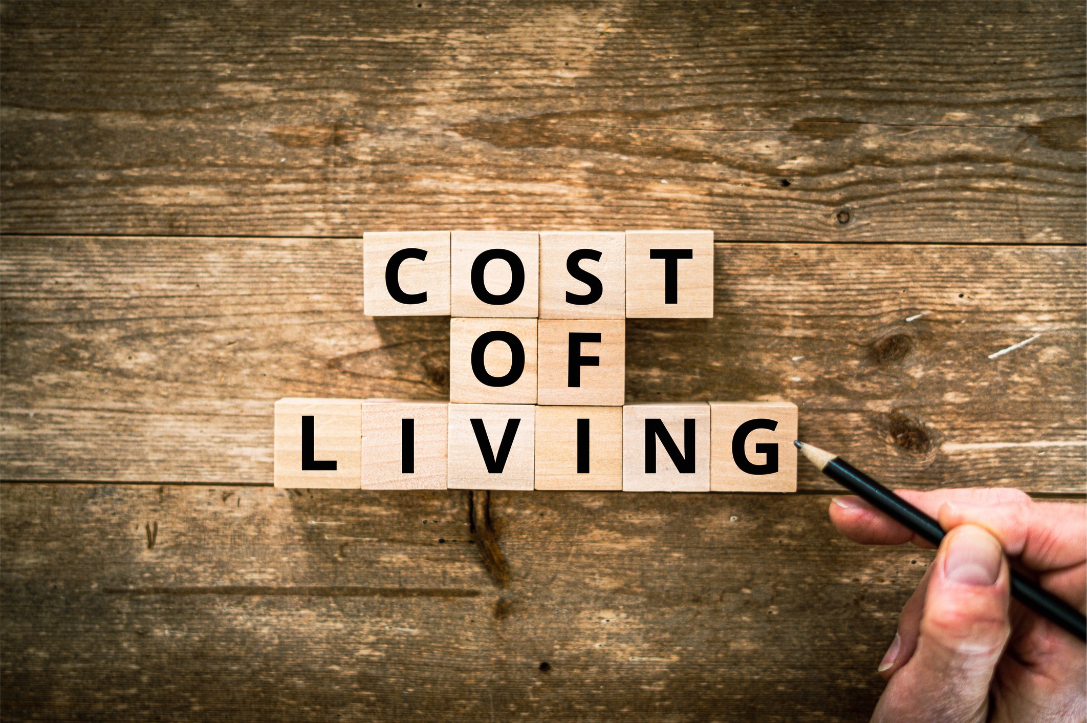 Blocks of woods spelling out Cost of Living.