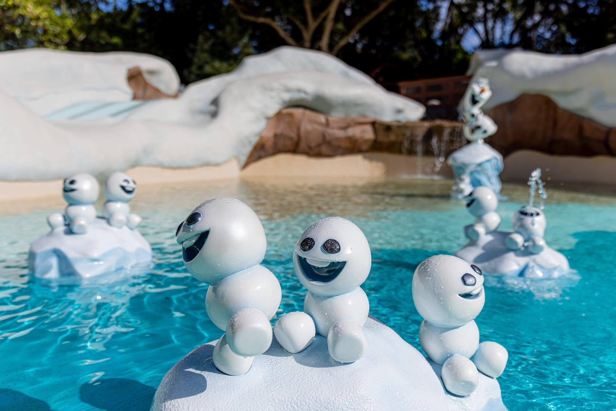 Frozen's Olaf and snow creatures as water features at Disney's Blizzard Beach.