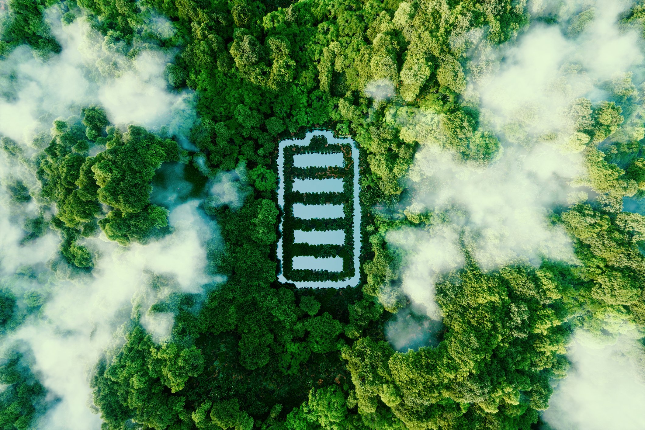Rendering of a battery shaped pond in a forest