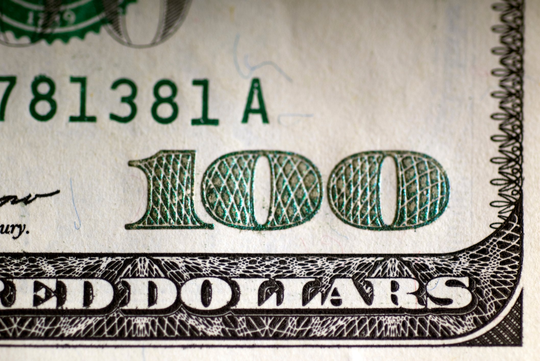 Close-up of a $100 bill.