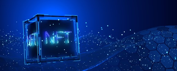 NFT square on futuristic blue background.