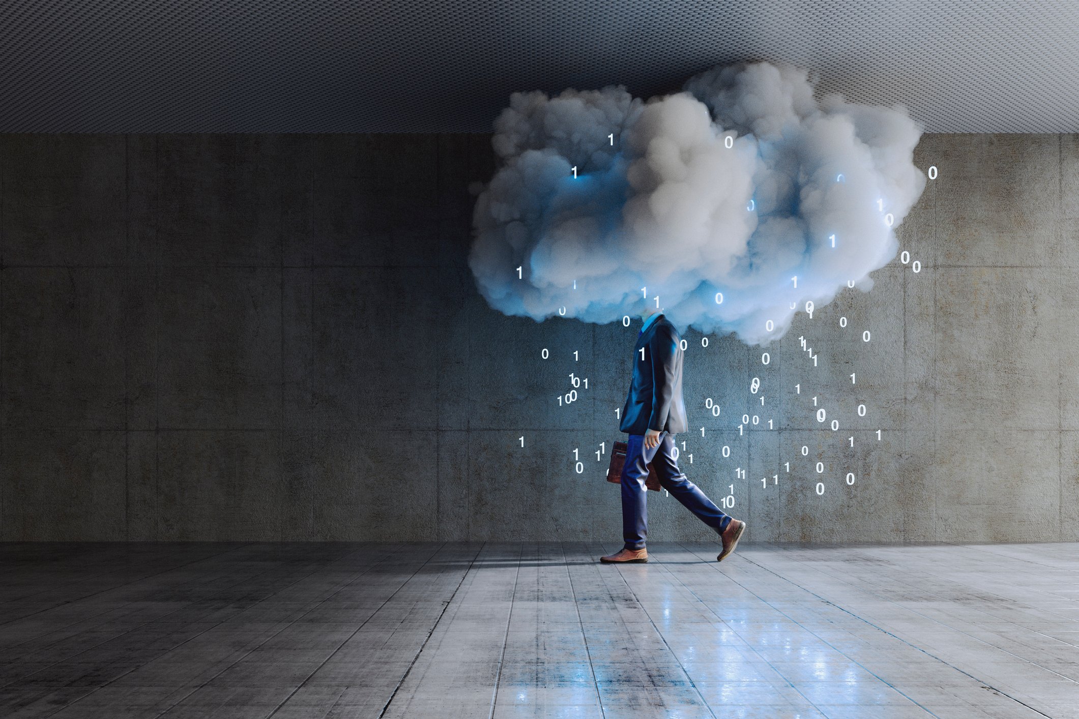 Person in a suit carrying a briefcase surrounded by a cloud with binary digits falling from the cloud like rain drops.
