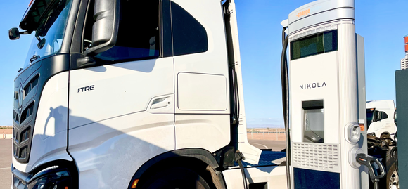 Nikola Tre electric semi charging at ChargePoint charger. 