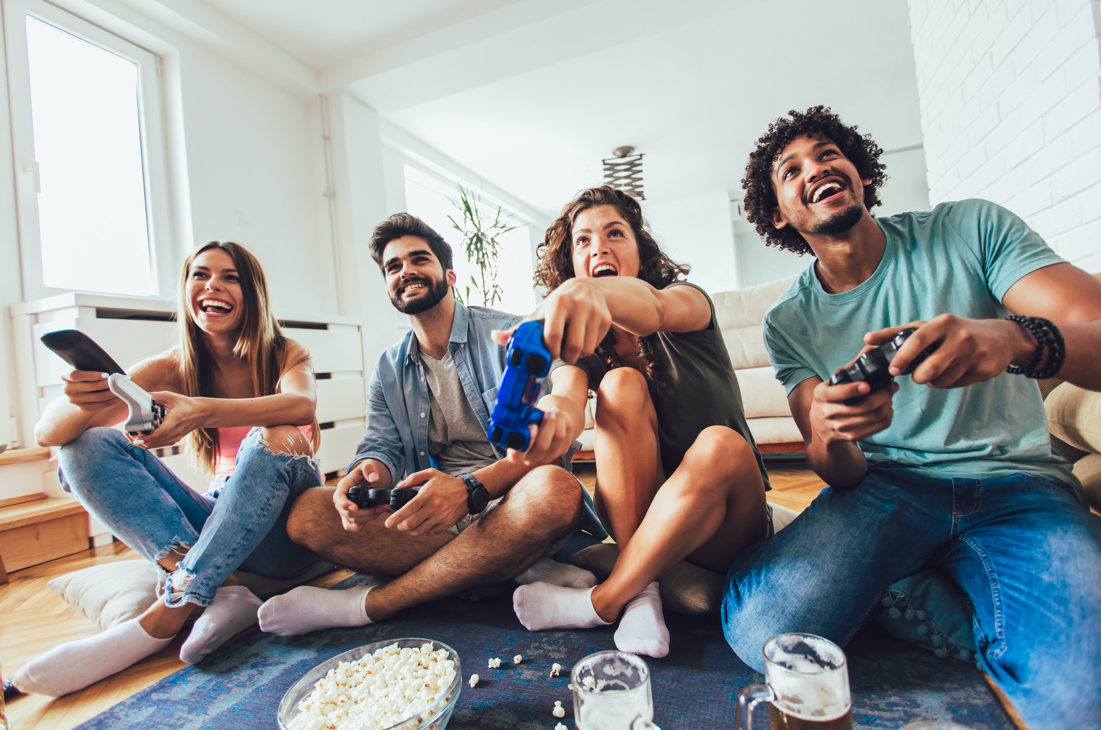 A group of friends playing video games.