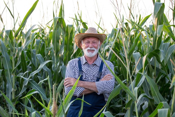 Farmer standing in front of a corn field with crossed arms.