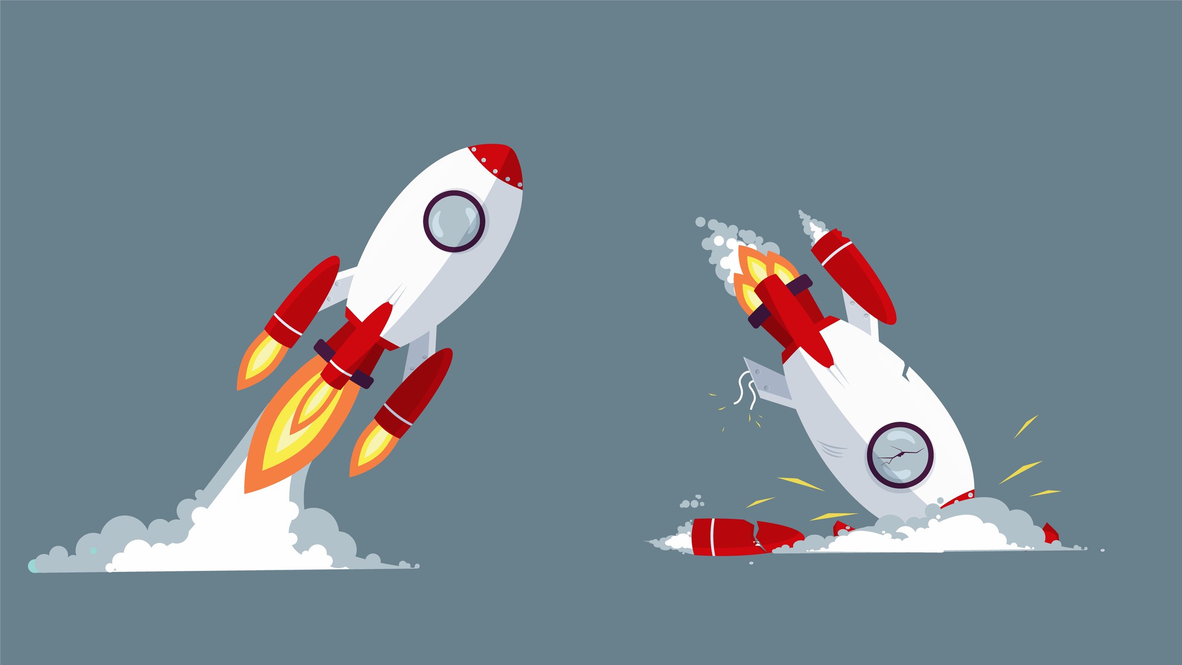 Red and white rocket launches and crashes.