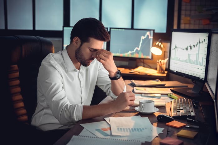 Person at desk with stock charts on computers, looking worried.