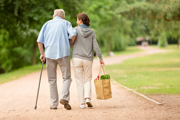 Two people walking together in the park.