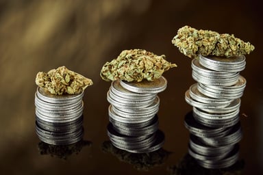 cannabis buds stacked on coins