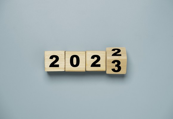 Wood blocks with 2022 turning to 2023.