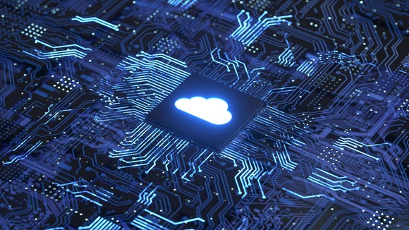 A cloud icon on a microchip.