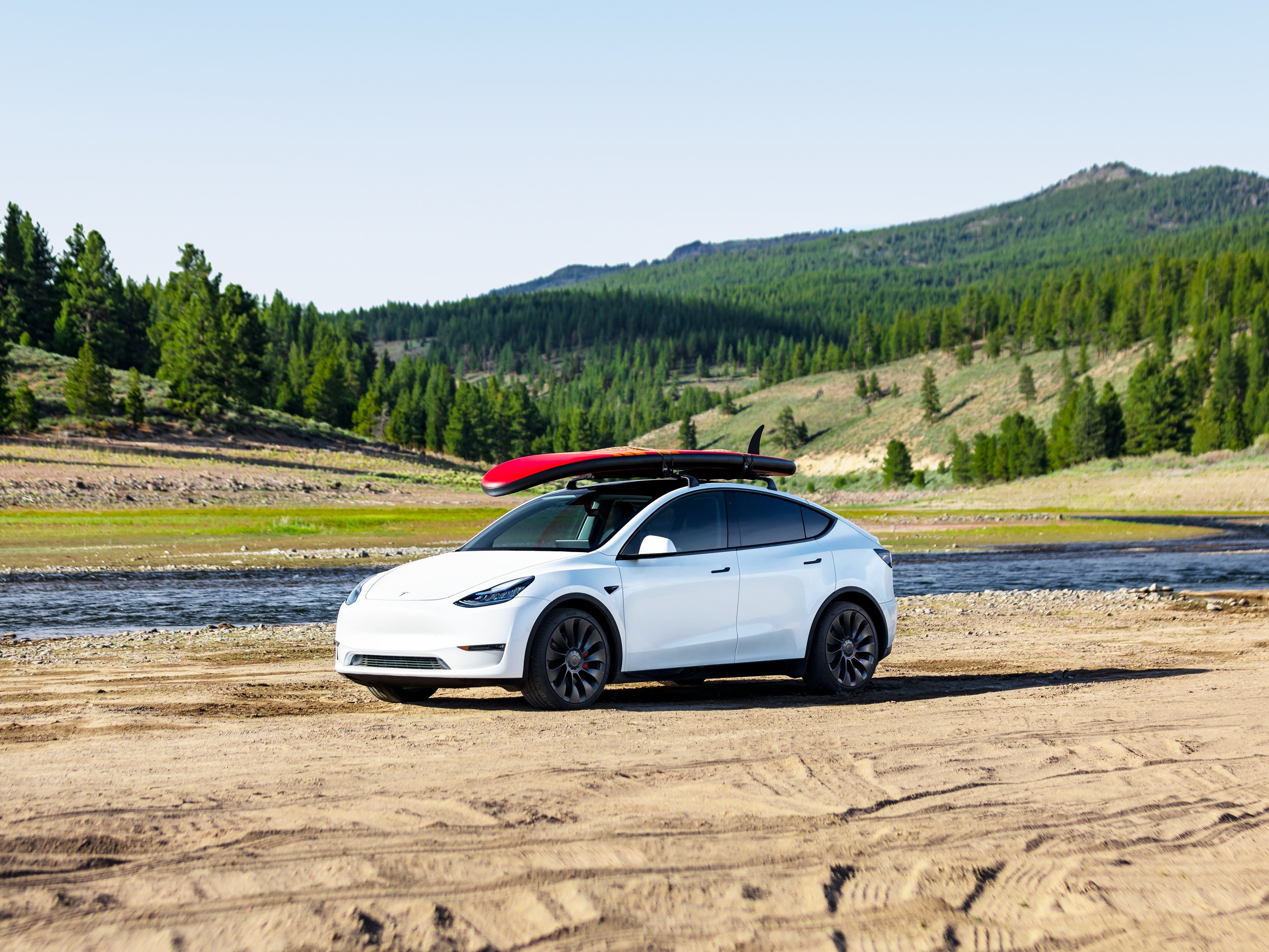 A Tesla Model Y with trees in the background and a surfboard on the roof.
