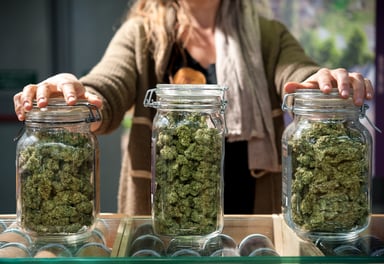 A person standing behind jars of marijuana