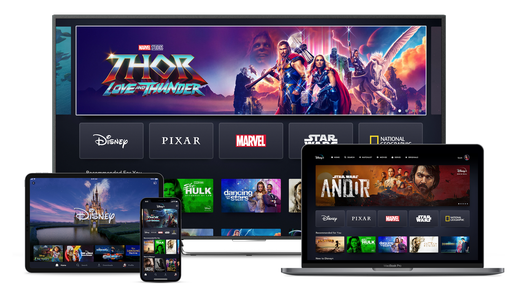 Disney+ landing page shown on multiple streaming devices.