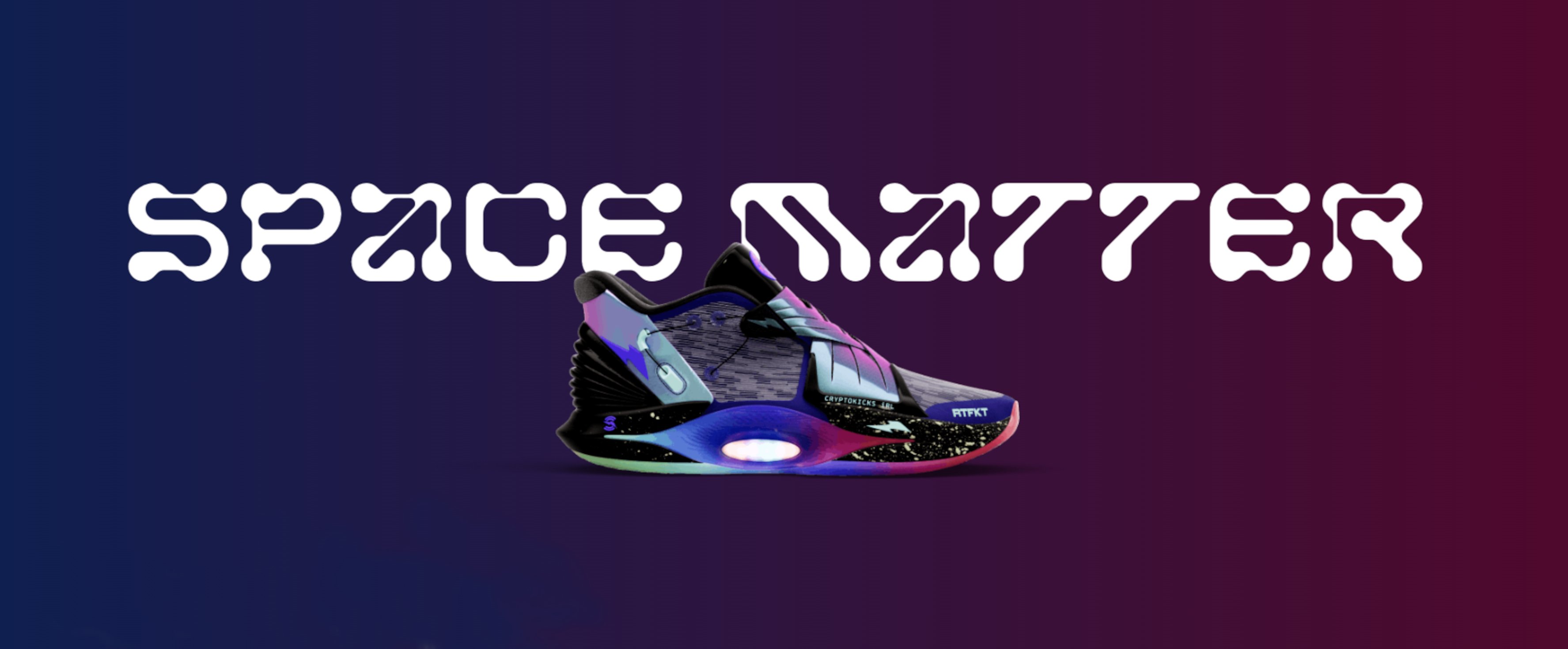 Rendering of a futuriscit sneaker under the words Space Matter.