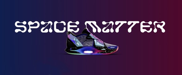 Rendering of a futuriscit sneaker under the words Space Matter.