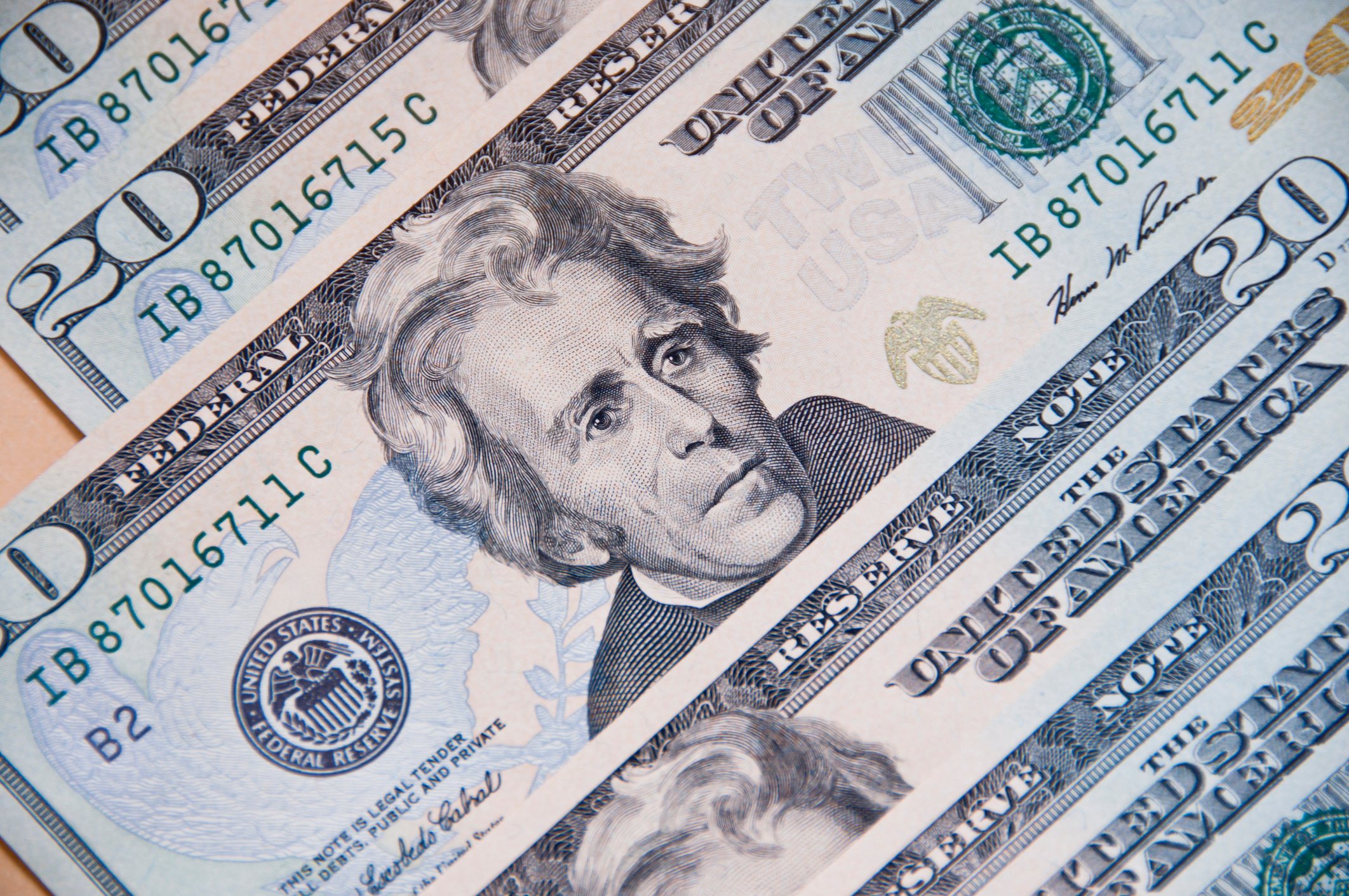 Close-up photo of U.S. $20 bills. 