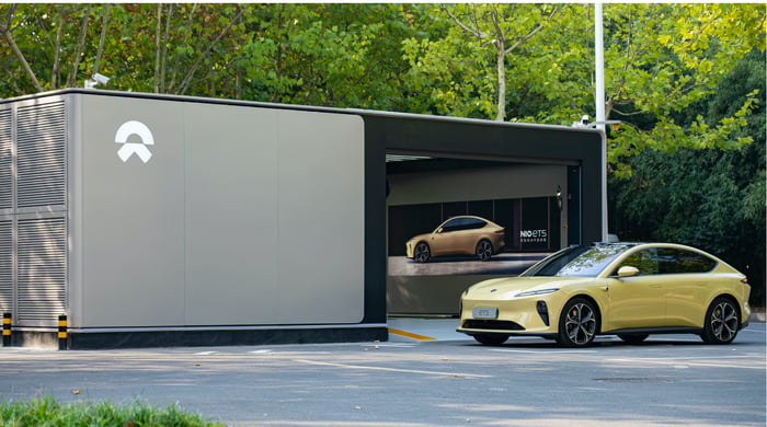 Gold Nio ET5 in front of battery swap station.