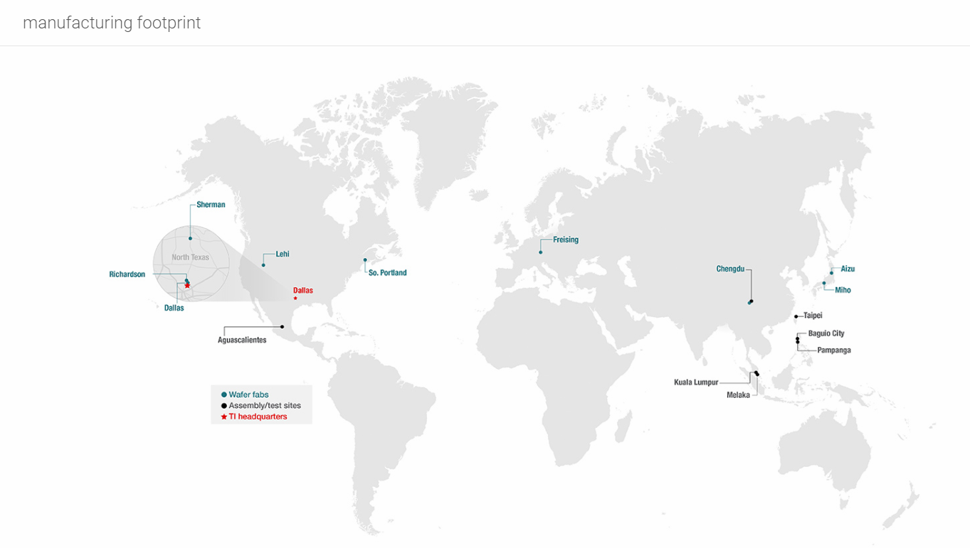 Map of Texas Instruments manufacturing locations worldwide.