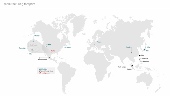 Map of Texas Instruments manufacturing locations worldwide.
