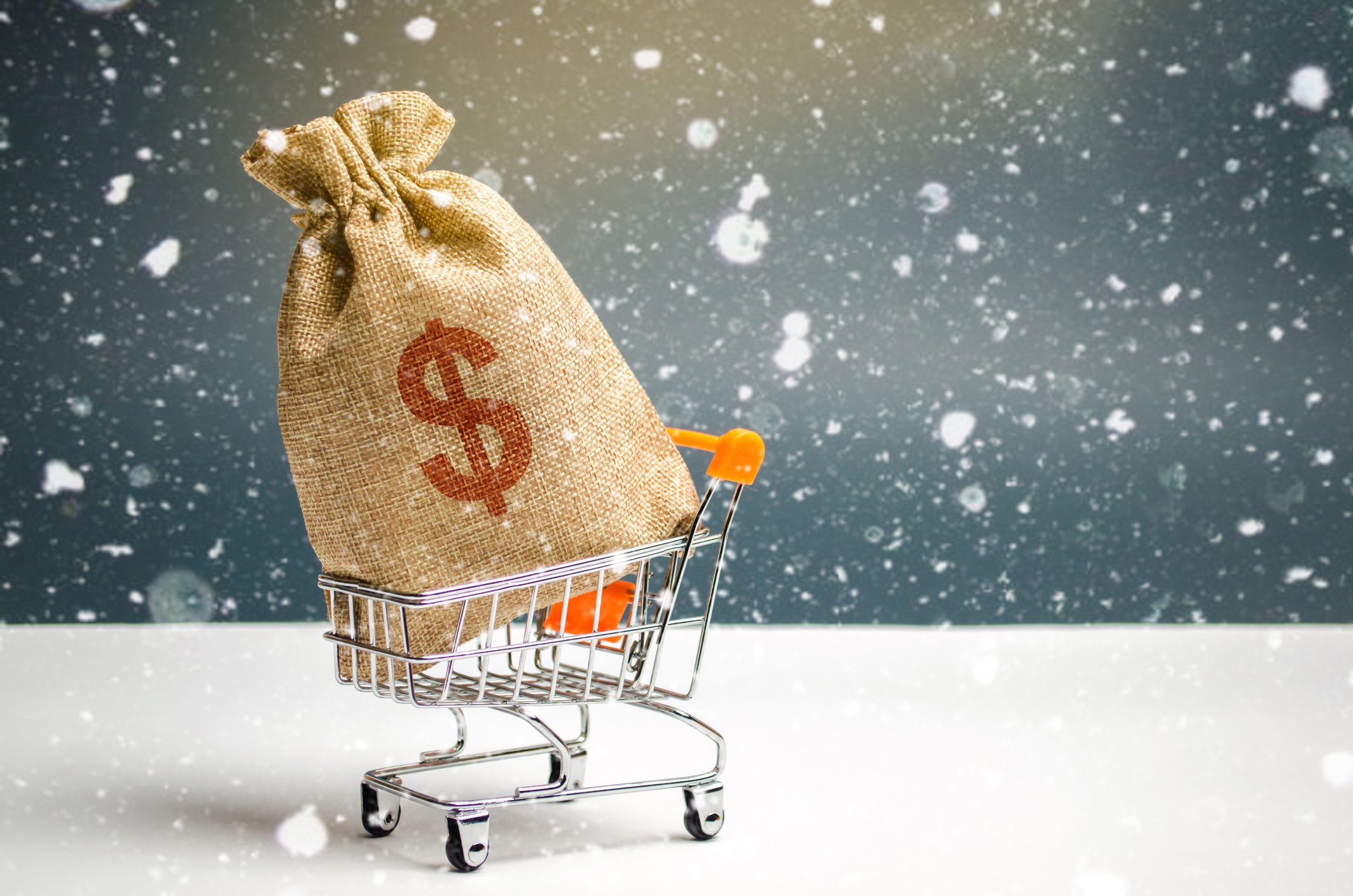 A bag of money in a shopping cart.