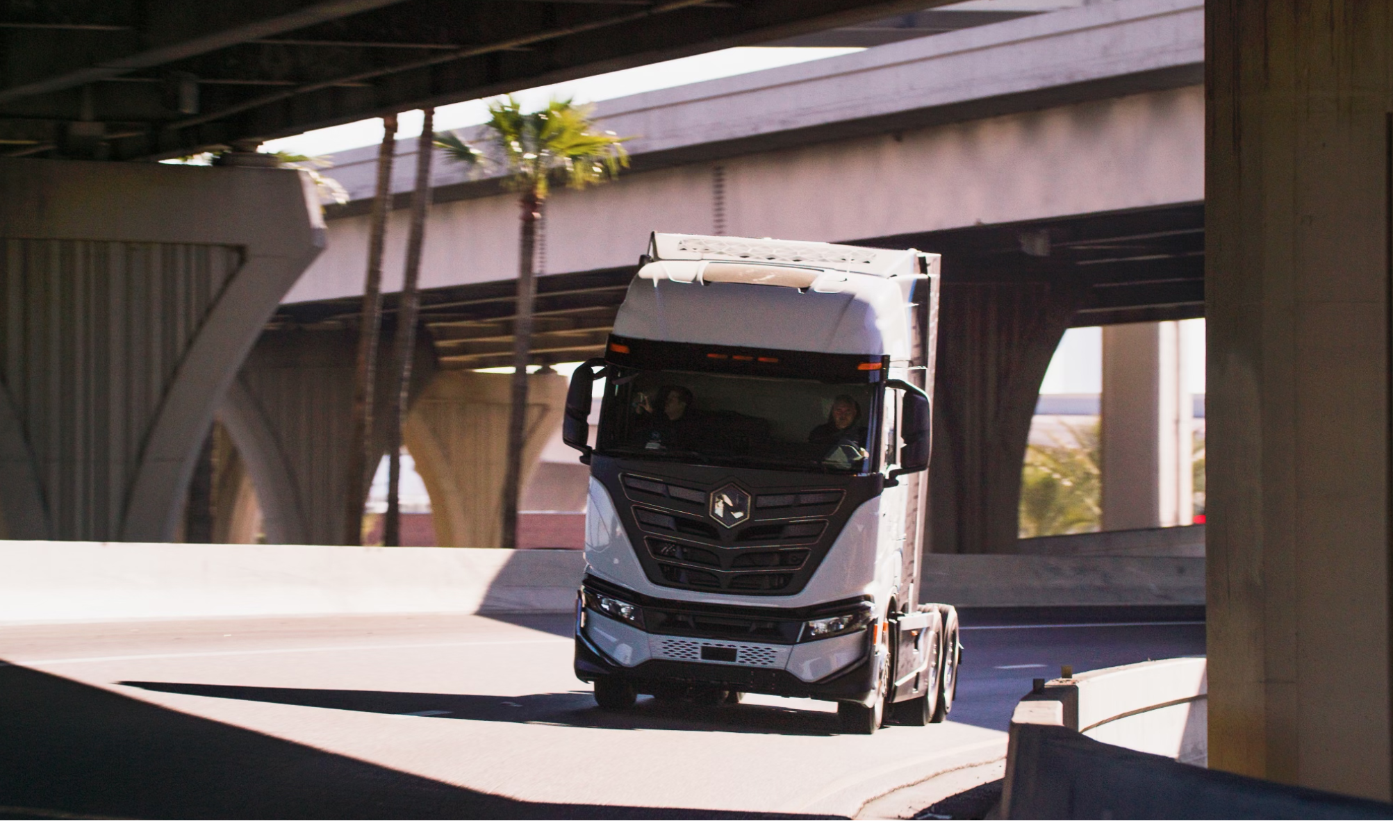 Nikola electric semi truck on road. 