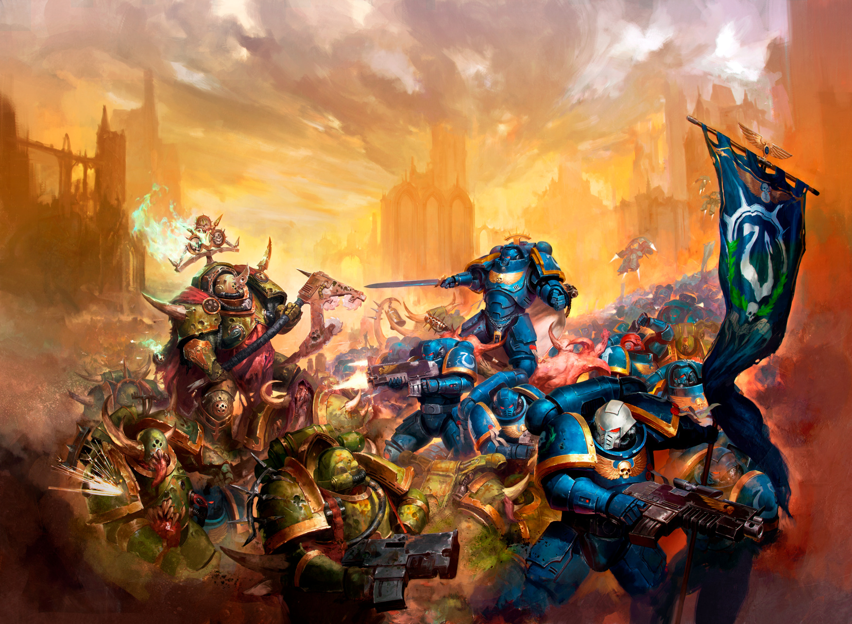 A battle scene from the Warhammer 40,000 universe.