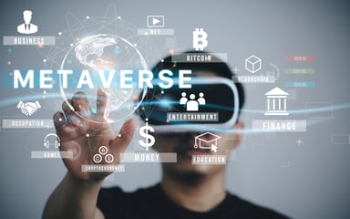 Metaverse - man wearing VR goggles with icons