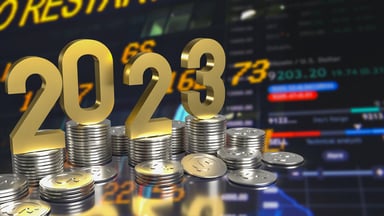 2023 on coins stock market in background