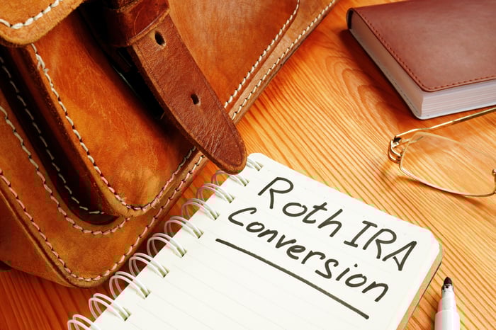 A notebook with Roth IRA conversion written in it.