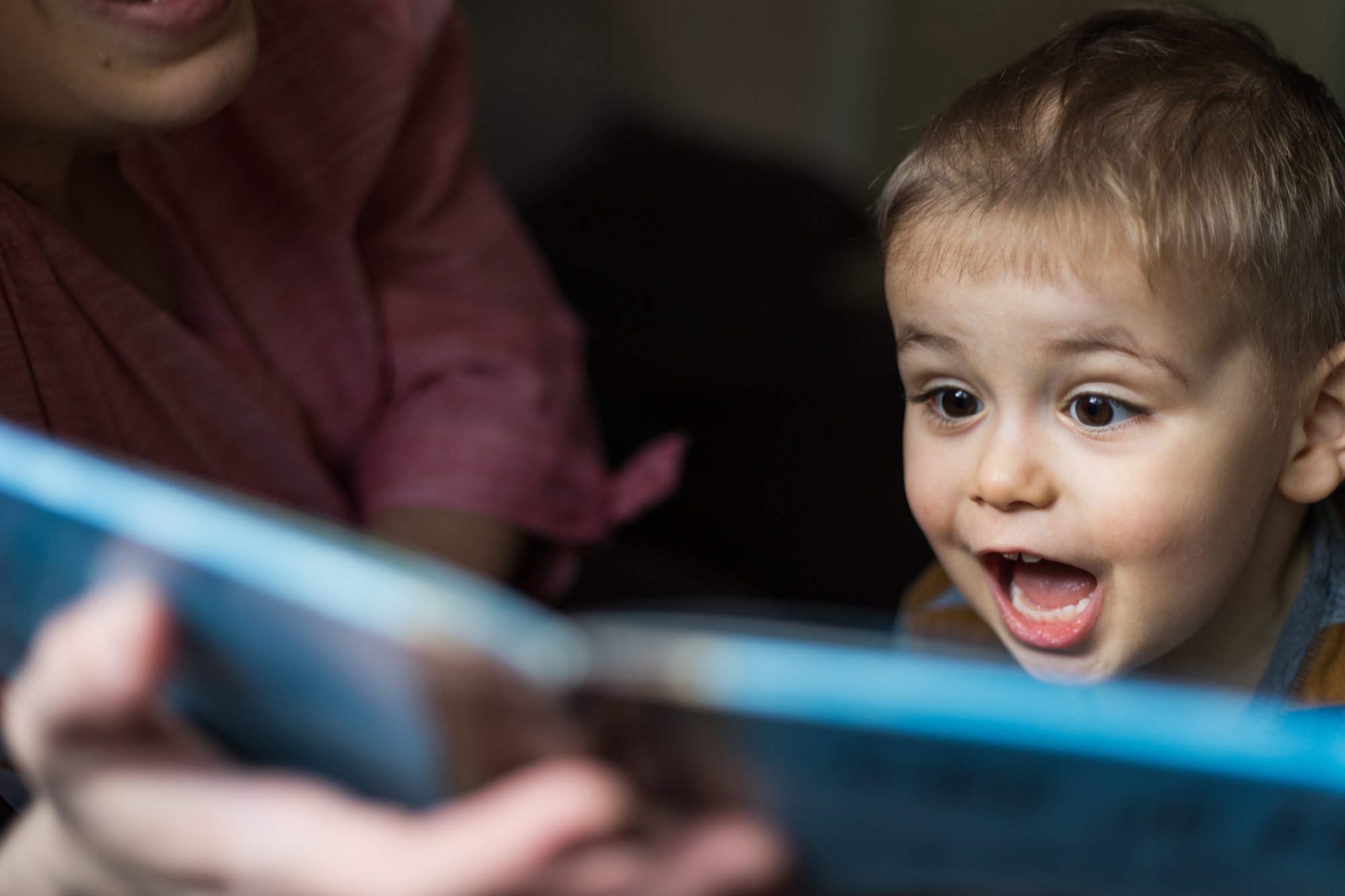 A child reacts enthusiastically to a storybook.