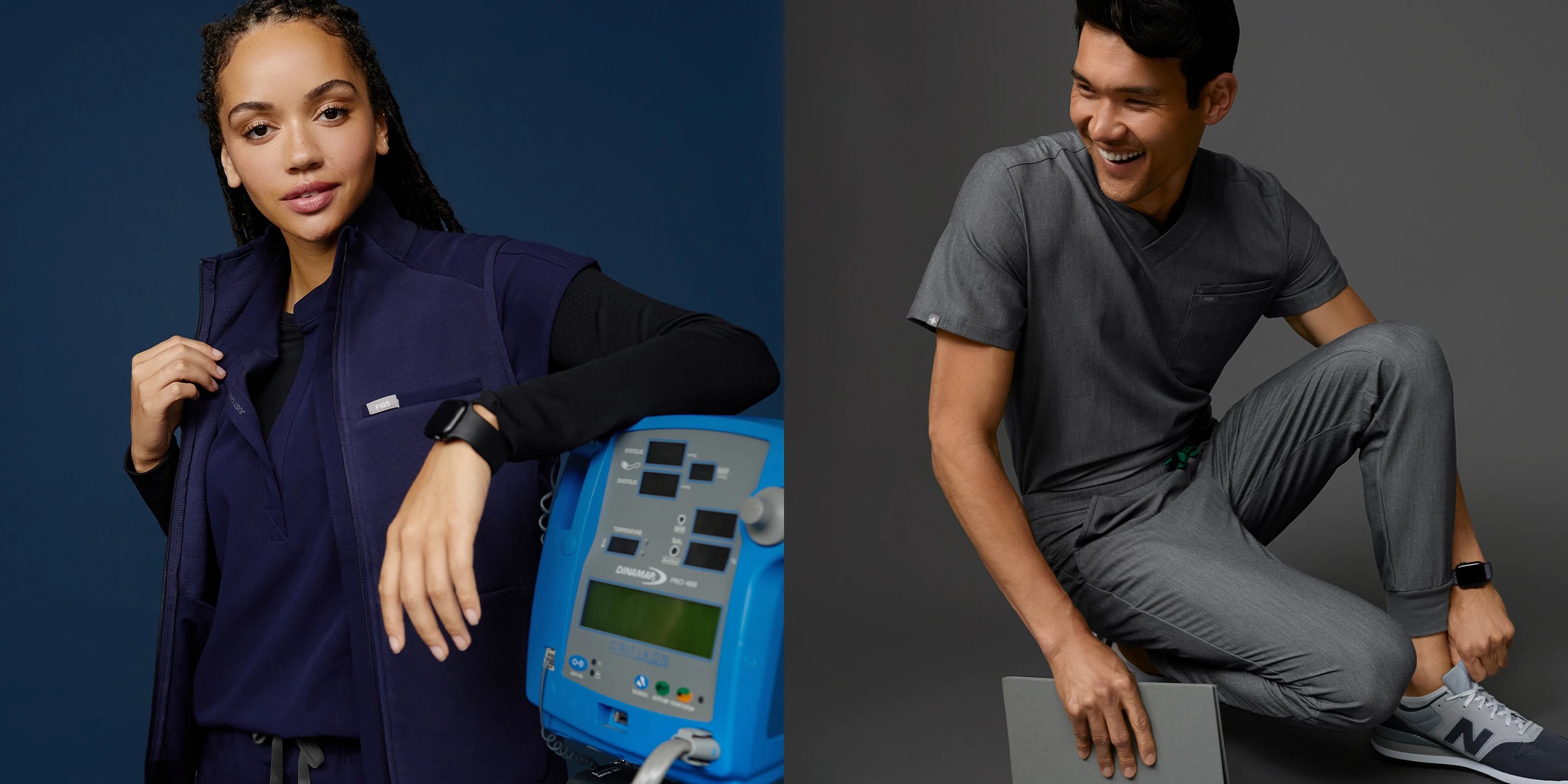 Two people wear FIGS scrubs.