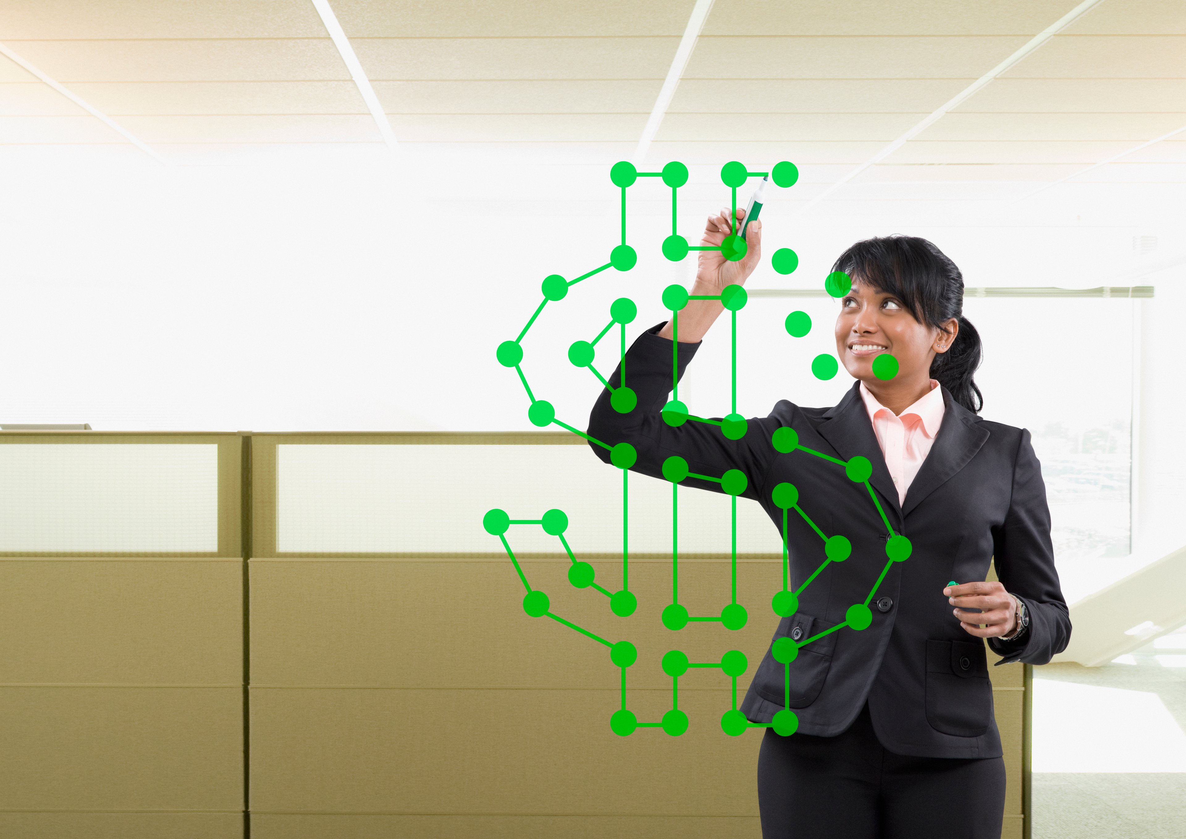 Picture of a woman drawing a dollar sign.