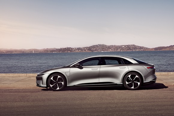 Profile view of Lucid Air sedan.