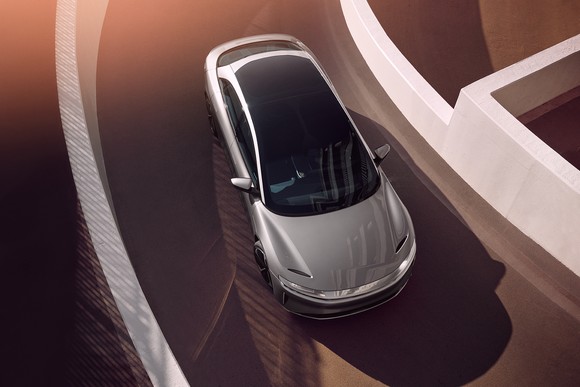 An overhead view of Lucid Air electric sedan.