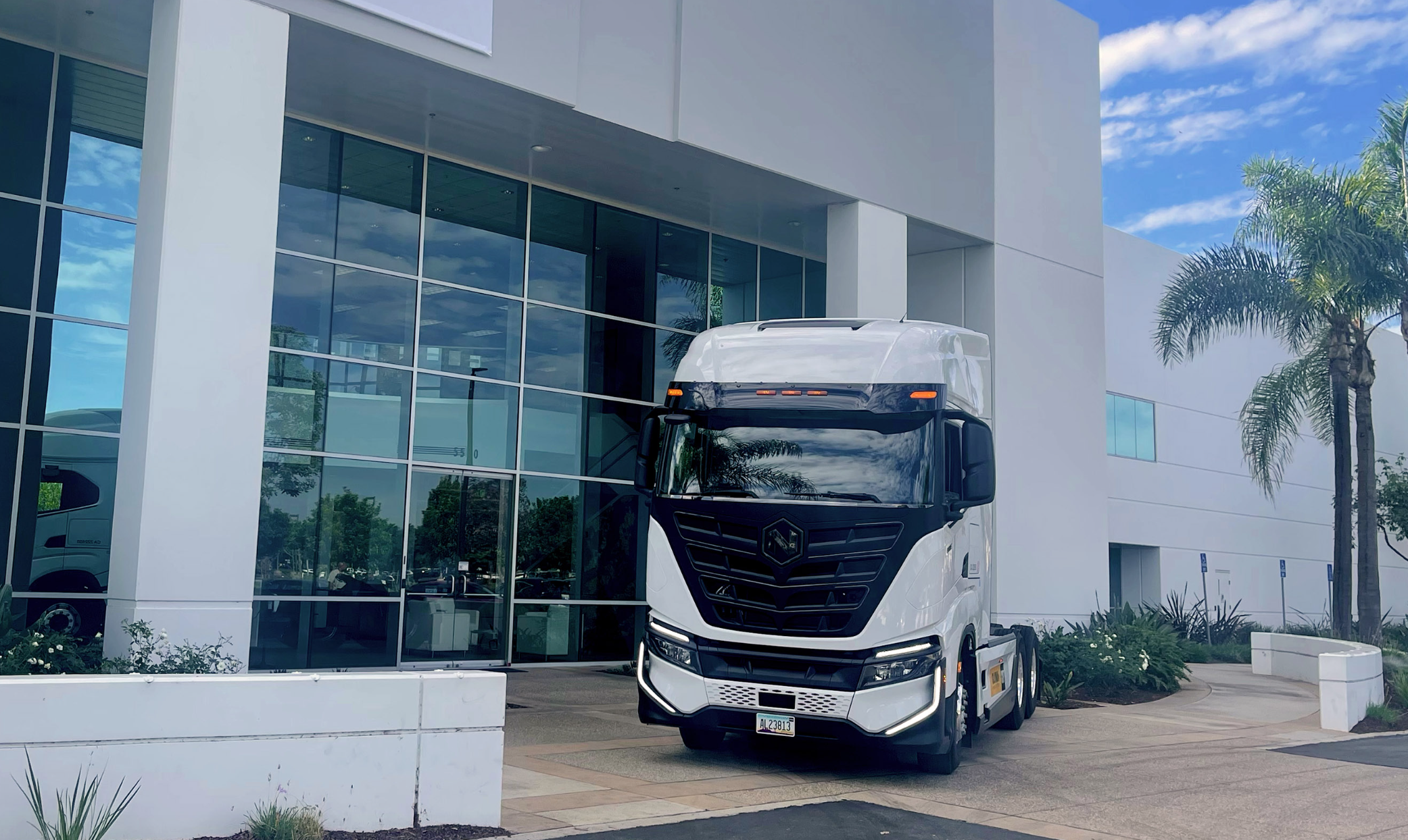 Nikola heavy truck outside factory.