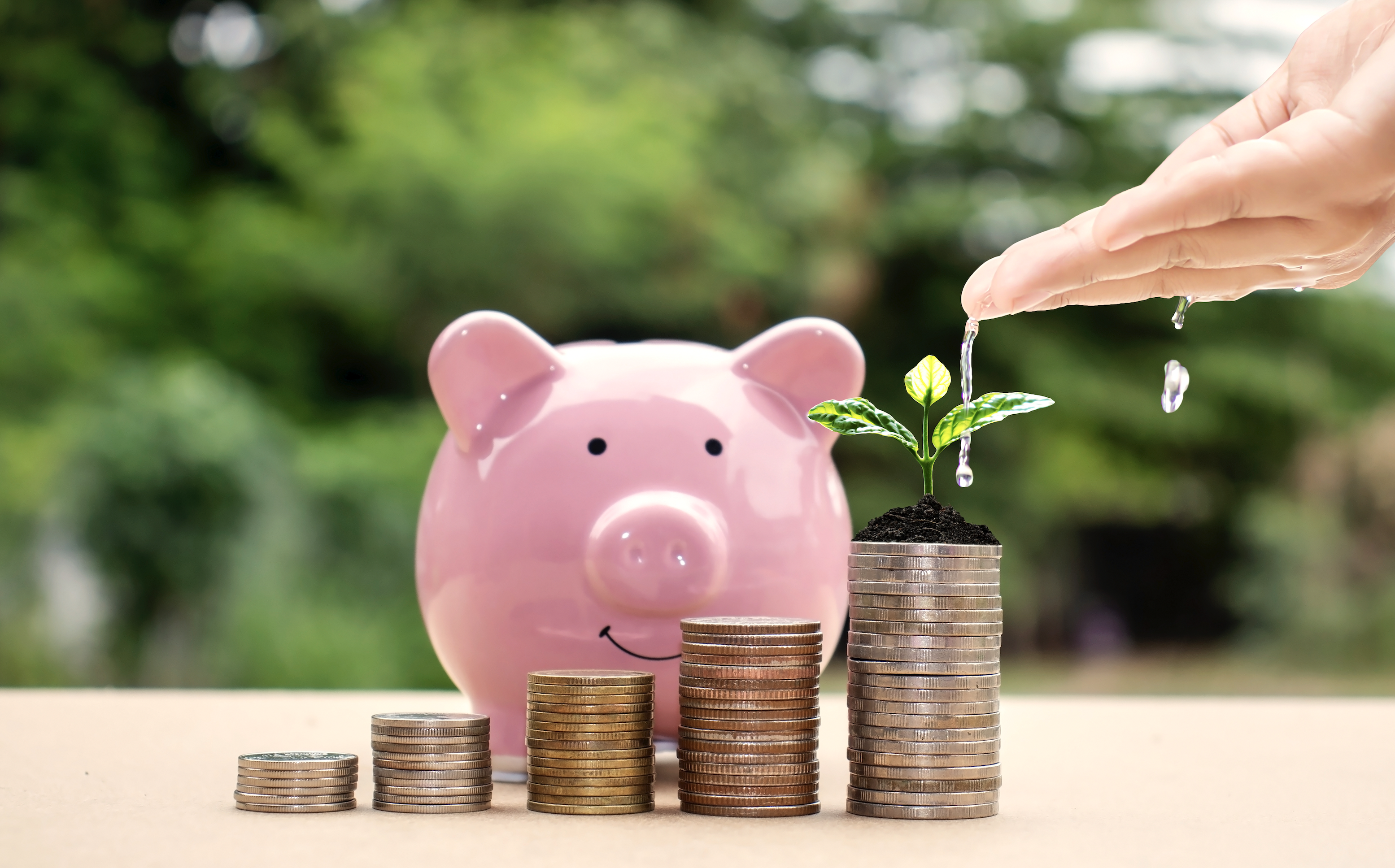 A piggy bank with five ascending stacks of coins in front of it, with the tallest stack having a seedling on top that's being watered by a person's hand.