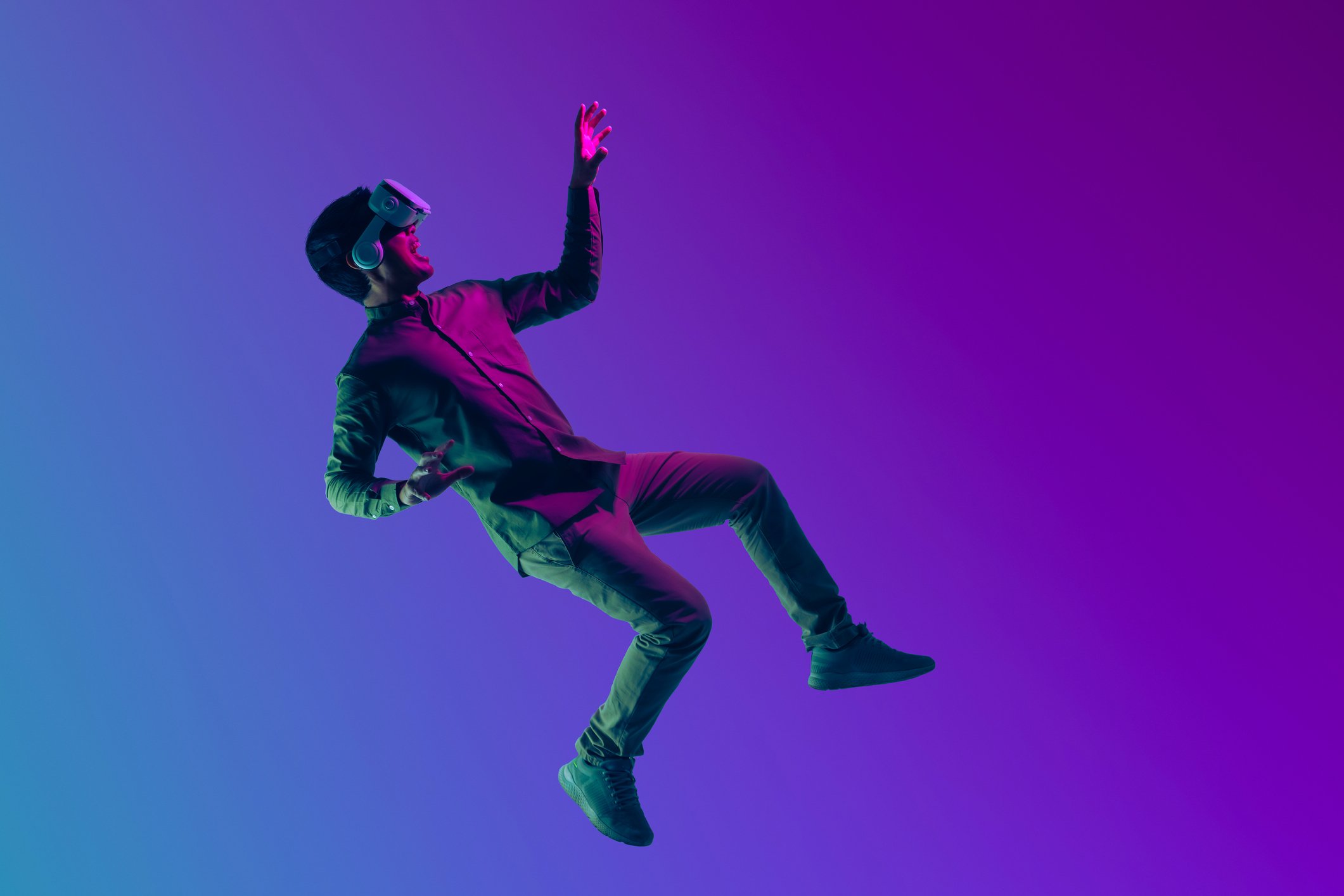 A person in free fall wearing a pair of glasses
