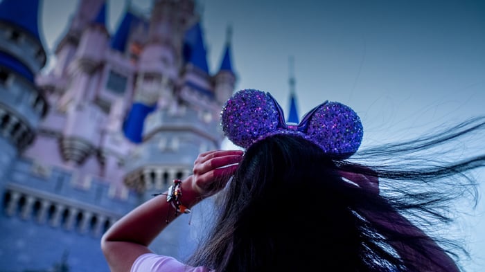 Person wearing purple mouse ears admiring Disney World's Magic Kingdom castle.