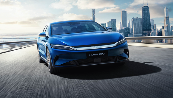 blue BYD electric HAN sedan.