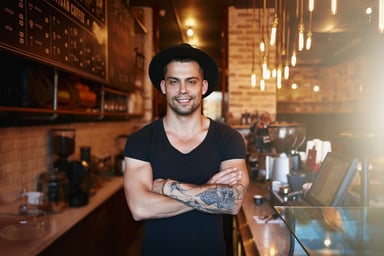 smug happy successful coffee shop owner