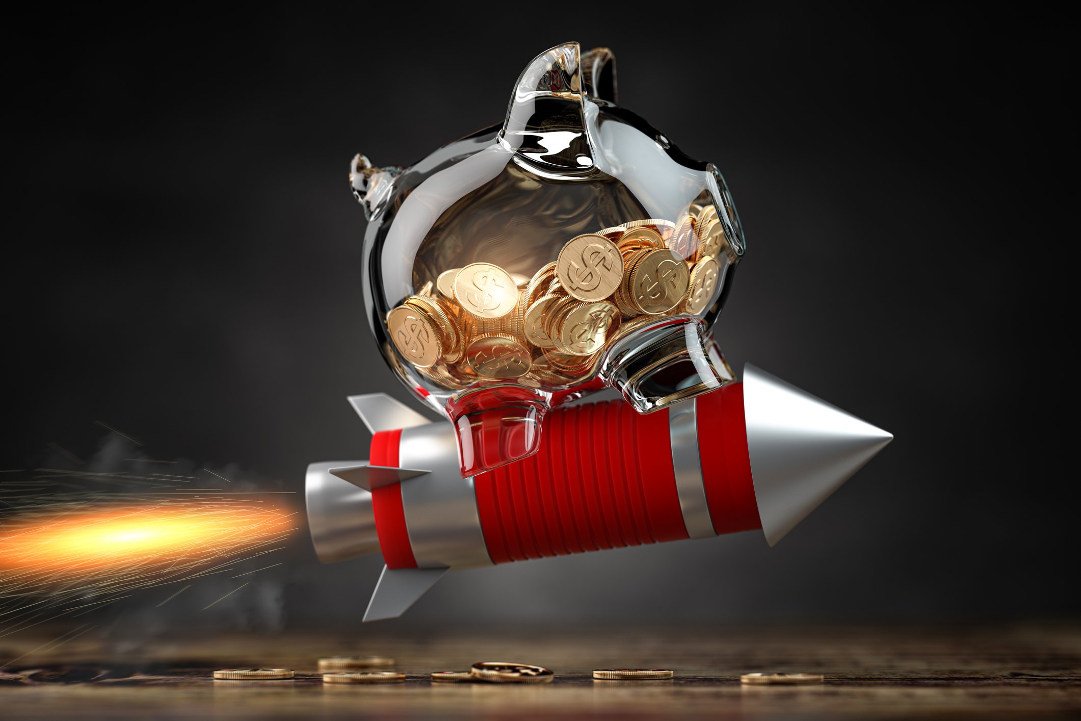 Piggy bank on a flying rocket compound interest