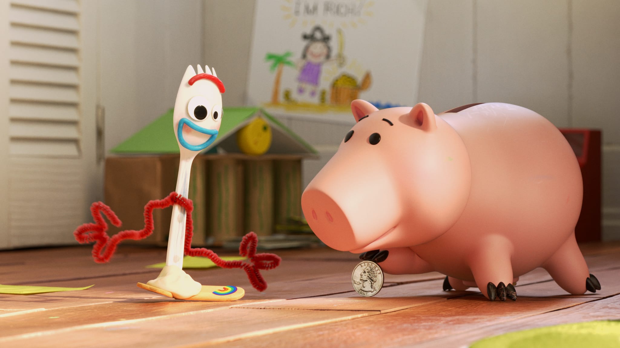 Toy Story's Forky interacting with Hamm in the Forky Asks a Question short.