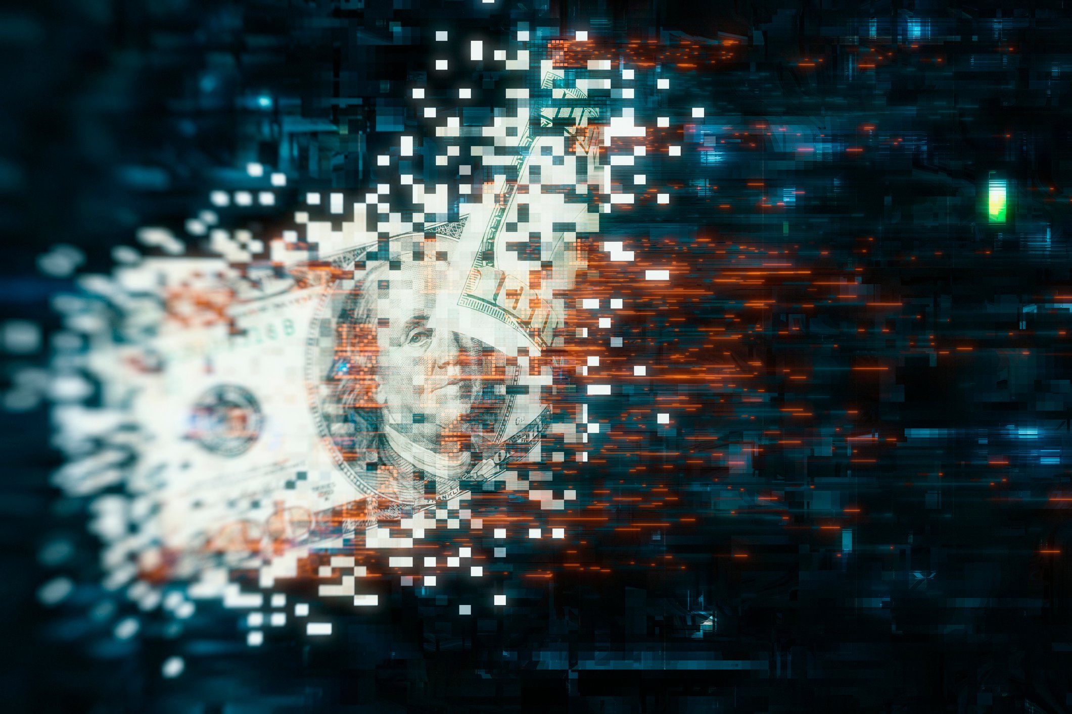 A digital image of a dollar dissolves into colored pixels.