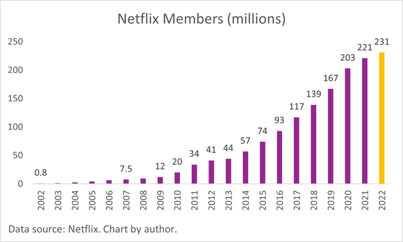 Chart showing rise in Netflix subscribers from 0.8 million in 2002 to 231 million in 2022.