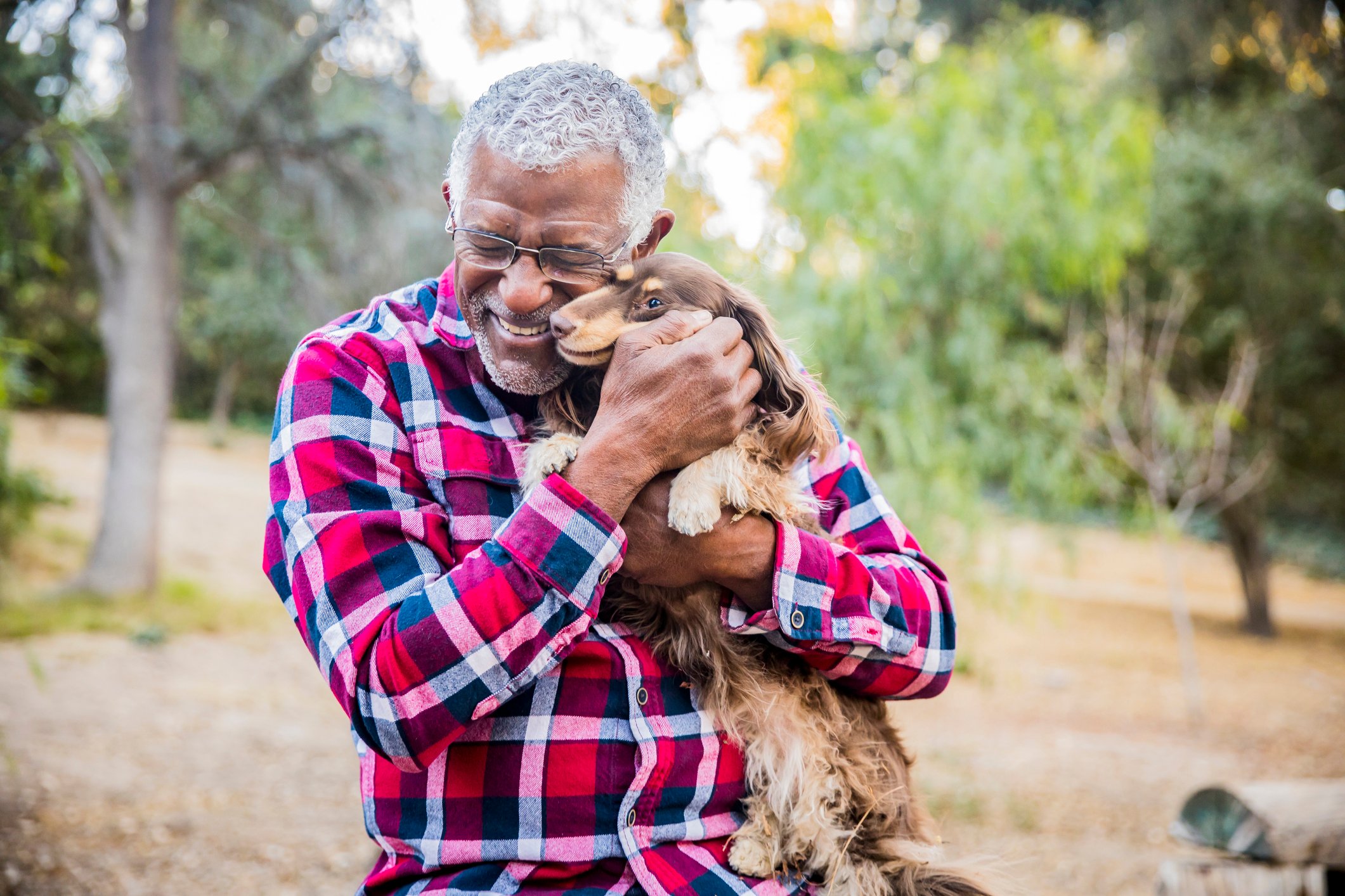 Someone holding and hugging a dog with trees in the background.
