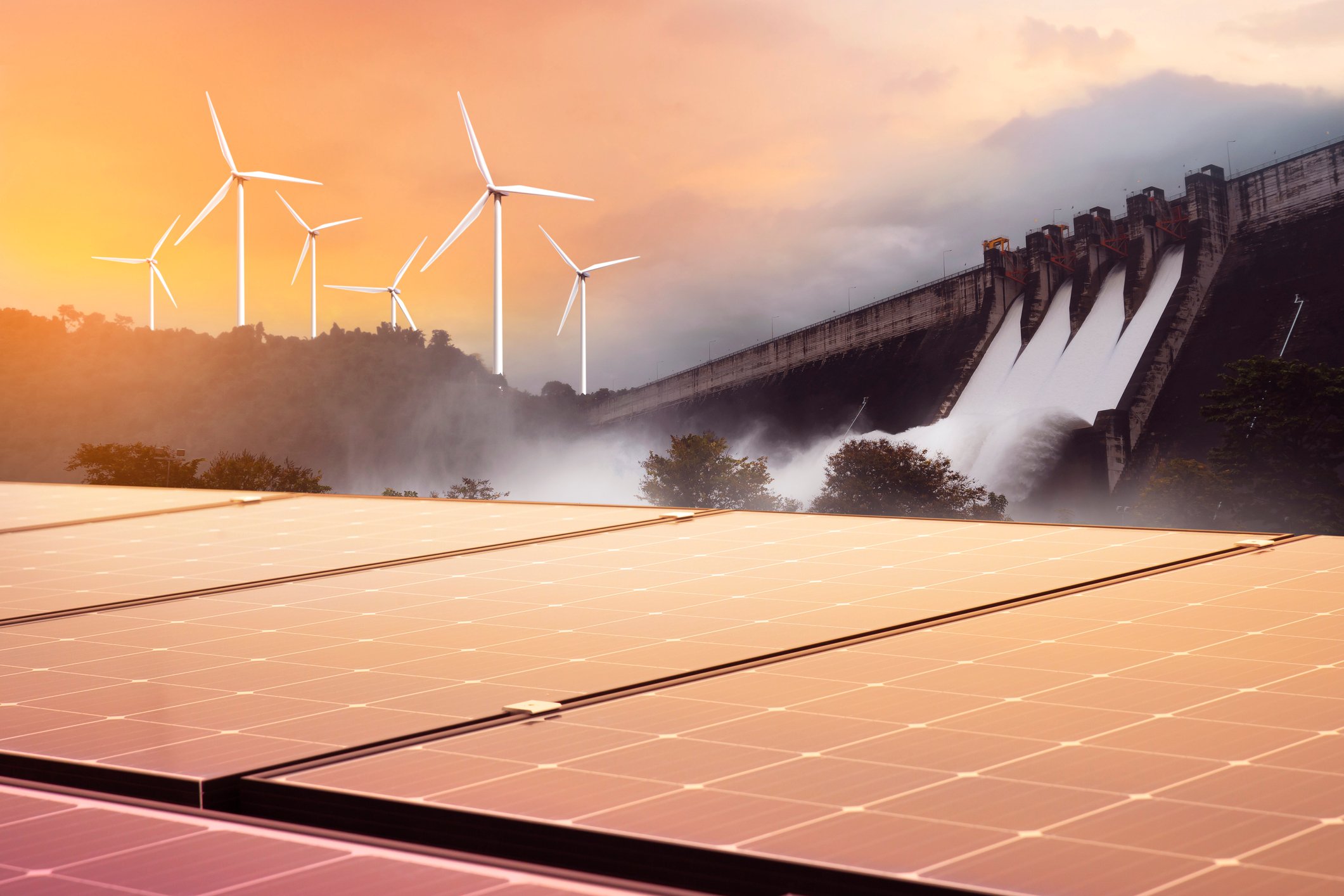 solar panels, wind turbines, hydro dam